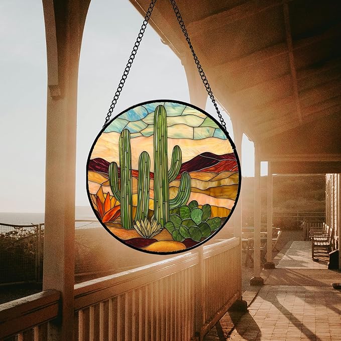 JOSUMALY Stained Glass Window Hanging, Green Cactus Sun Catcher for Door Terrace Garden Home Decor, Abstract Desert Landscape Suncatcher Birthday Gifts for Lovers Women Men Dad Mom Nana 9.8 in