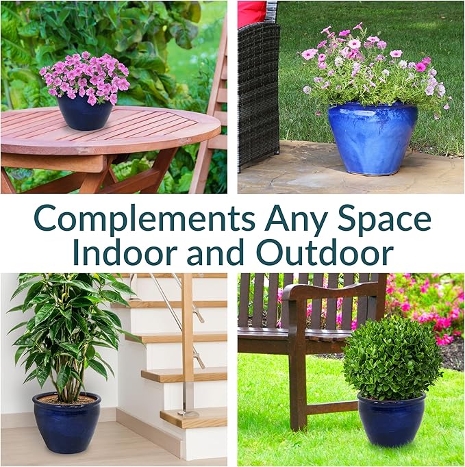 Sunnydaze Large Ceramic Plant Pot - Round Outdoor Glazed Ceramic Planter Pot with Drainage - Chalet - Imperial Blue - 14.5"