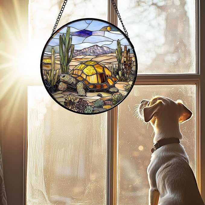 Stained Glass Window Hanging Golden Turtle Cactus Landscape 6.3" - Suncatcher Door Garden Sunroom Sun Catcher Home Decor Birthday Christmas for Mom Men Woman Nana