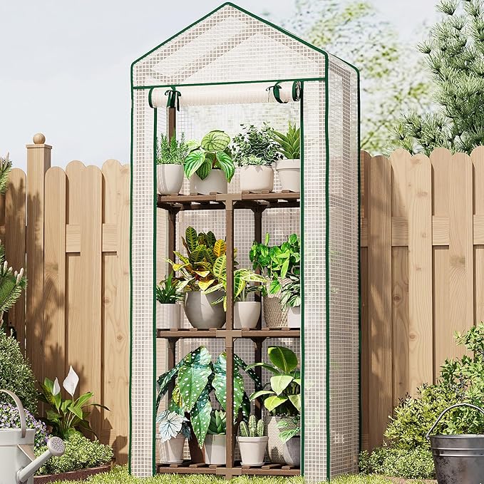 Bamworld Mini Greenhouse for Outdoor 3-Tierd Reusable Portable Warm House with PE Cover Compact Garden and Backyards Portable Rack with Sturdy Eucalyptus Frame Winter-Proof for Plant Protection