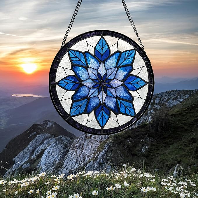 Stained Glass Window Hanging - Blue Snowflake Flowers Suncatcher for Doors Garden Patio Boho Sun Catchers Decor Christmas Mother's Day Birthday Gifts for Women Men Mom Nana Friend 11.8 in