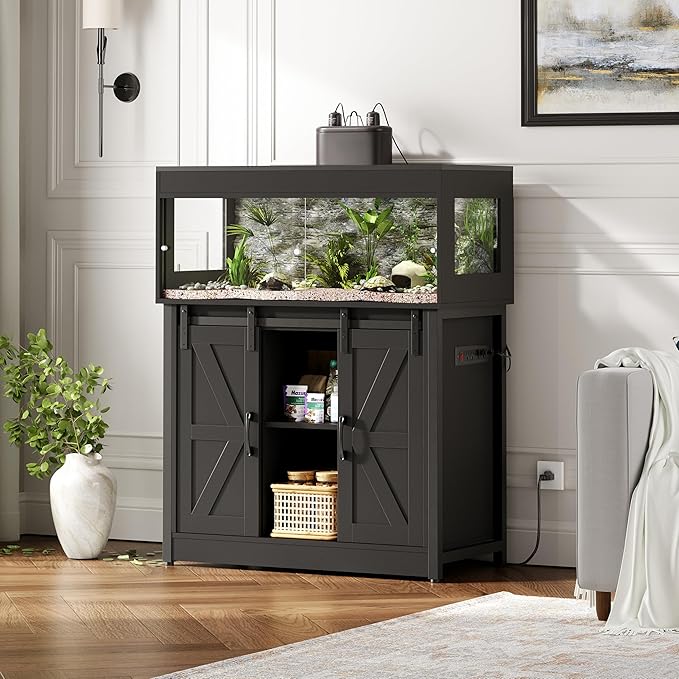 Herture 40 Gallon Reptile Terrarium with Stand, Reptile Tank with Barn Door and Storage, Vivarium with Acrylic Doors, Ventilated Mesh Top & Power Outlet, for Geckos, Lizards, Snakes Black PX06RTB
