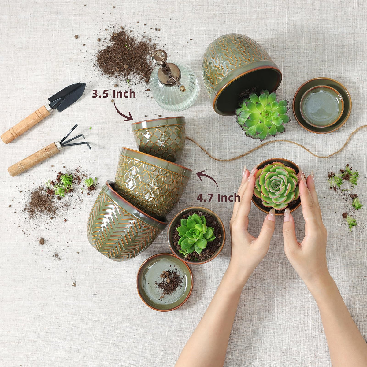Sureasy Ceramic Plant Pots, 4.7 Inch Flower Pots for Indoor Plants, Succulent Pots with Saucer and Drainage Hole, Decorative Planter for Succulent, Cactus, Set of 4, Green