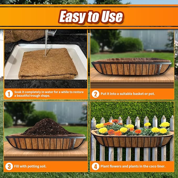 Coco Liners for Planters 24 Inch, 4 Pack Trough Window Box Liners, Coconut Fiber Liners for Planters Flower Baskets Garden Outdoor Plants