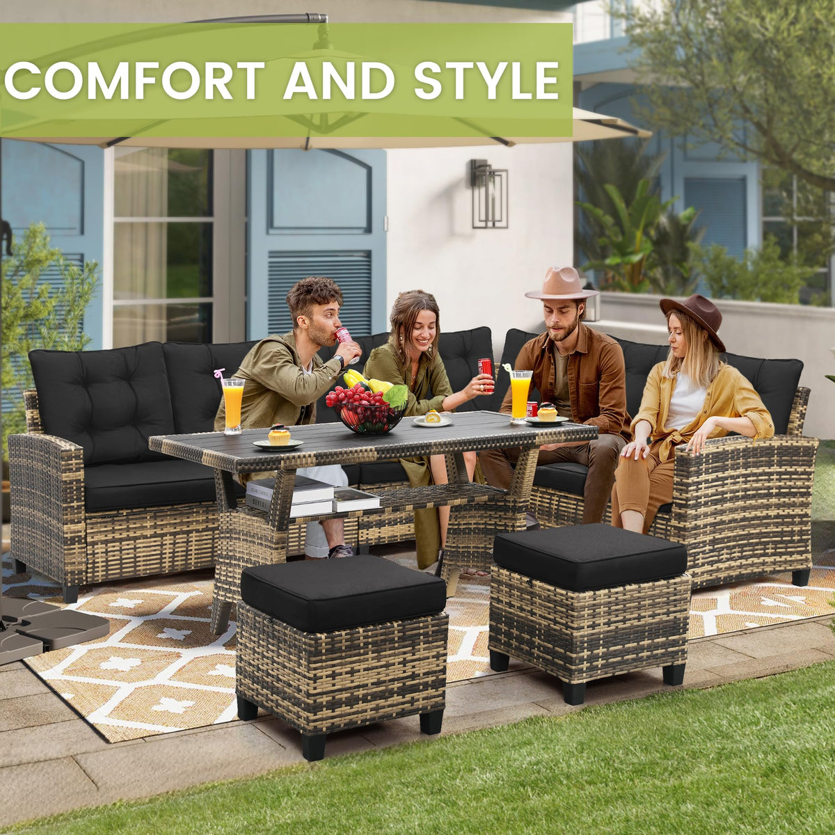 KROFEM 6 Piece Patio Furniture Set, Dining and Conversation Set