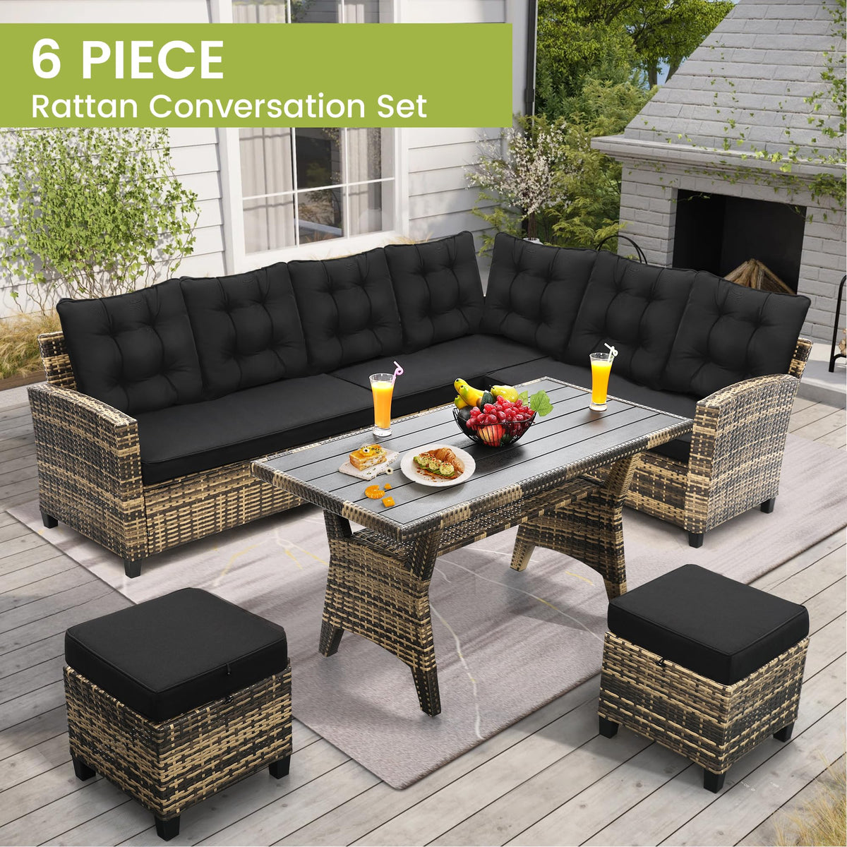 KROFEM 6 Piece Patio Furniture Set, Dining and Conversation Set