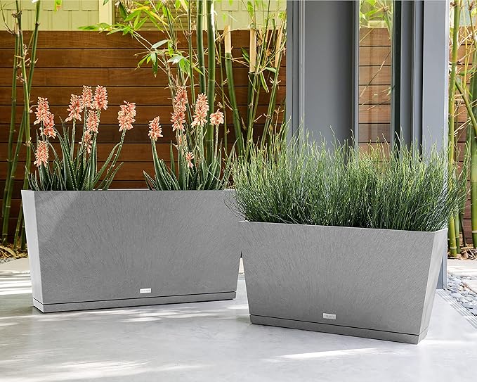 Veradek Midori Long Trough Planter (Light Grey, 31 inch - 2 Pack with 2 Saucer Trays)