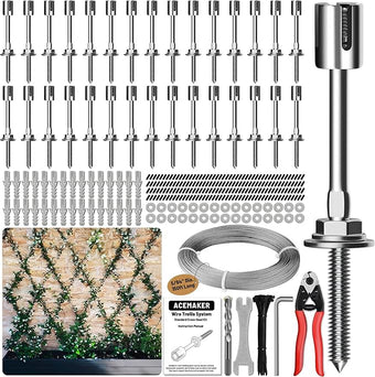 Acemaker Wire Trellis for Climbing Plants Outdoor, 30-Set Wall Wire Trellis Kit with 5/64"(2mm) x 150ft Stainless Steel Cable & Cutter, T316 Espalier System for Fence and Garden DIY Projects