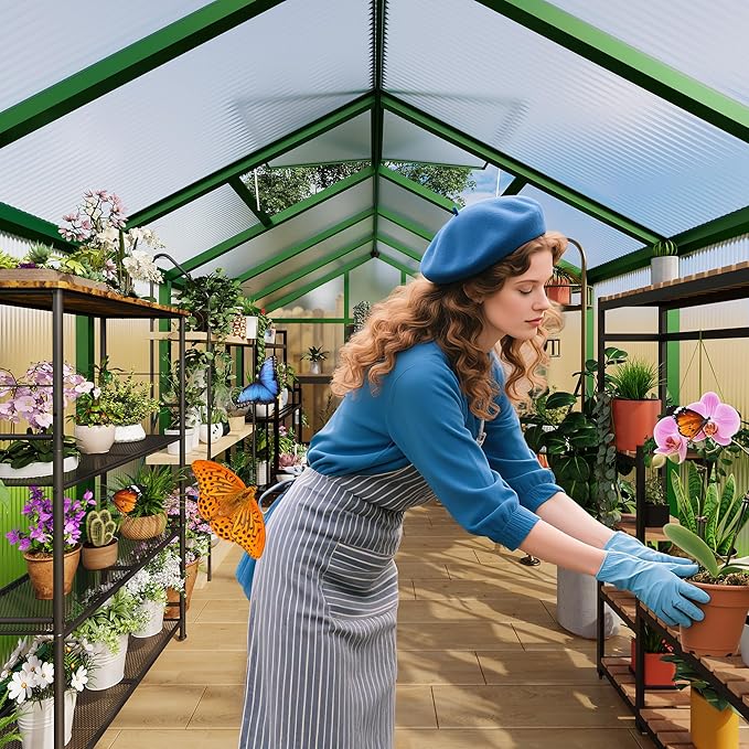 6X10 FT Greenhouse for Outdoors, Large Walk-in Polycarbonate Greenhouse Kit, Aluminum Frame, Lockable Door, Roof Vent, Ground Spikes, for Garden, Patio, Backyard, Outdoor Plant Growth