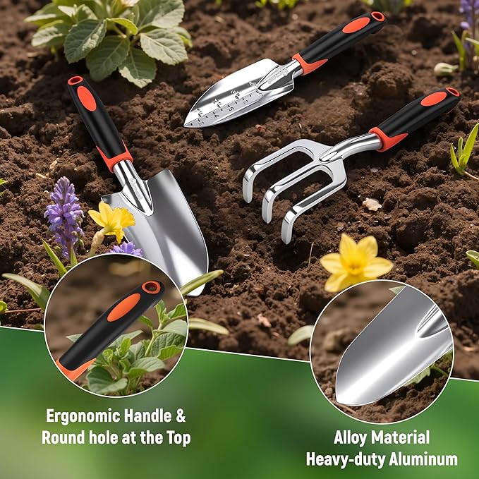 Garden Tool Set, 3 Pack Aluminum Heavy Gardening Kit Including Hand Shovel, Transplant Shovel and Hand Rake for Planting, Digging, Weeding