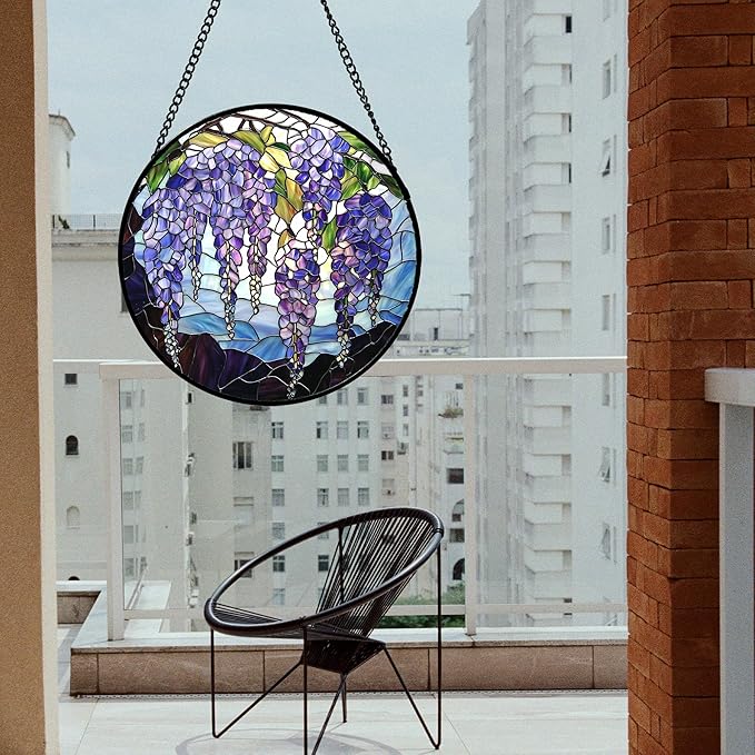 AMDERVEN Stained Glass Window Hanging, Wisteria Flower Sun Catcher for Door Home Decor Purple and Blue Suncatcher Christmas Mother's Day Birthday Gifts for Women Men Mom and Nana 15 in