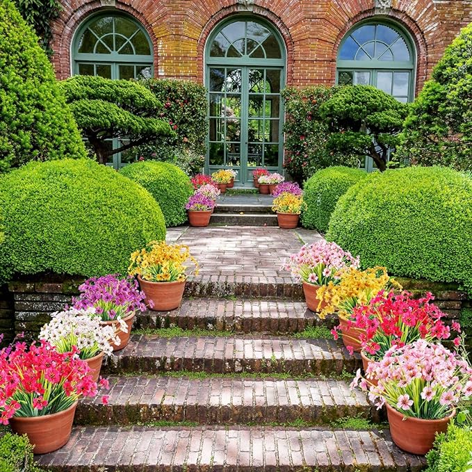 JEMONG 12 Bundles Artificial Flowers Outdoor UV Resistant Fake Flowers No Fade Faux Plastic Plants Garden Porch Window Box Decorating (Pink)