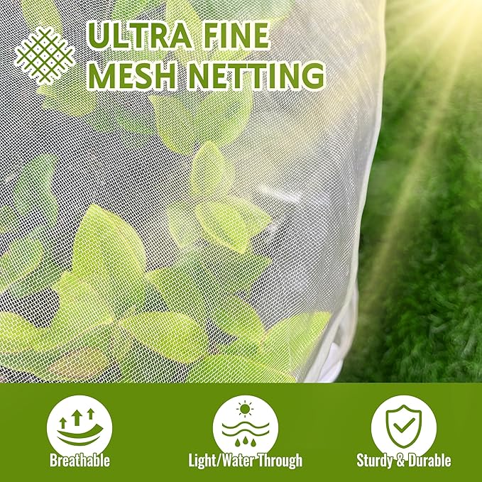 2 Pack Fruit Tree Netting Bags with Zipper and Drawstring, 8 x 8ft Ultra Fine Mesh Garden Netting Plant Cover, Bird Netting for Blueberry Bushes, Fruit Trees, Flowers (White, 8 x 8 ft)