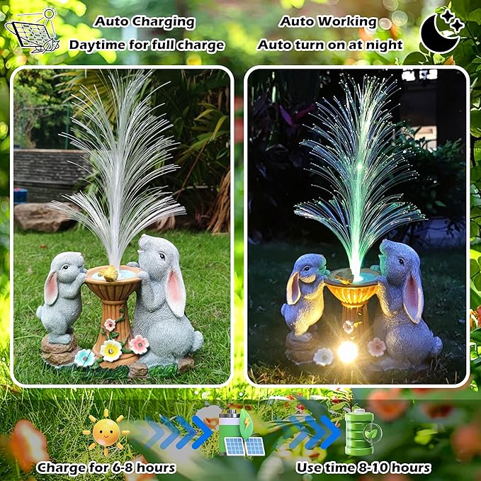 Solar Rabbit Garden Statues Outdoor Decor with LED Lights, Resin Rabbits Figurine Lights Decorations Colour Changing Fiber Optical Light, Outside Lawn Decor for Yard, Unique Housewarming Gift