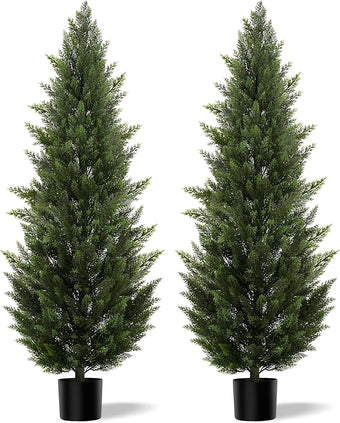 Outdoor Artificial Cedar Topiary Tree, Faux Evergreen Shrubs for Front Porch Decor, Lifelike Fake Bushes Plants for Home Living Room Front Door Decor (2, 6ft)