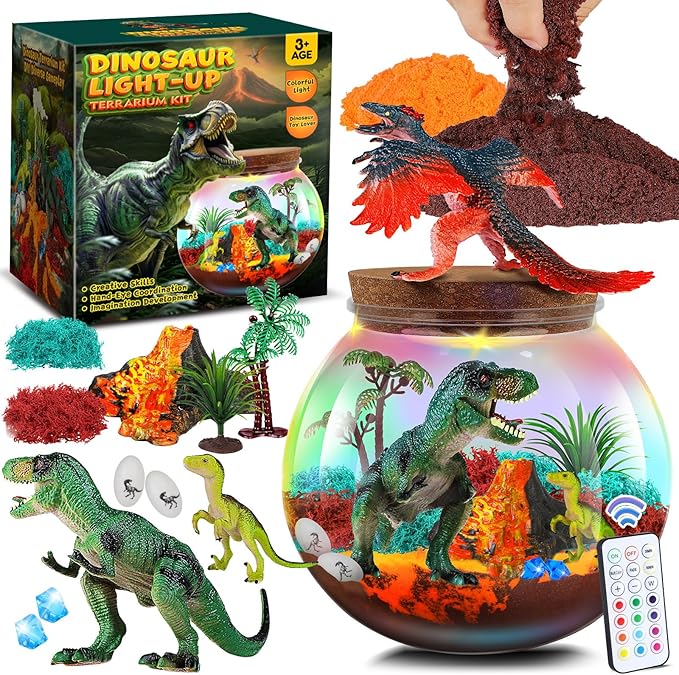 RONSTONE Dinosaur Terrarium Kit for Boys - Dinosaur Toys for Kids - DIY Your Own Light Up Terrarium Kit World - Christmas Birthday Dinosaur Gifts for Boys and Kids 5-7