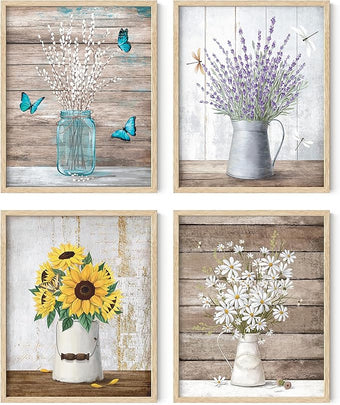 HAUS AND HUES Flower Wall Decor - Set of 4 Floral Wall Art, Framed Flower Paintings, Floral Pictures, Frameable Botanical Posters (8x10, Beige Frame)