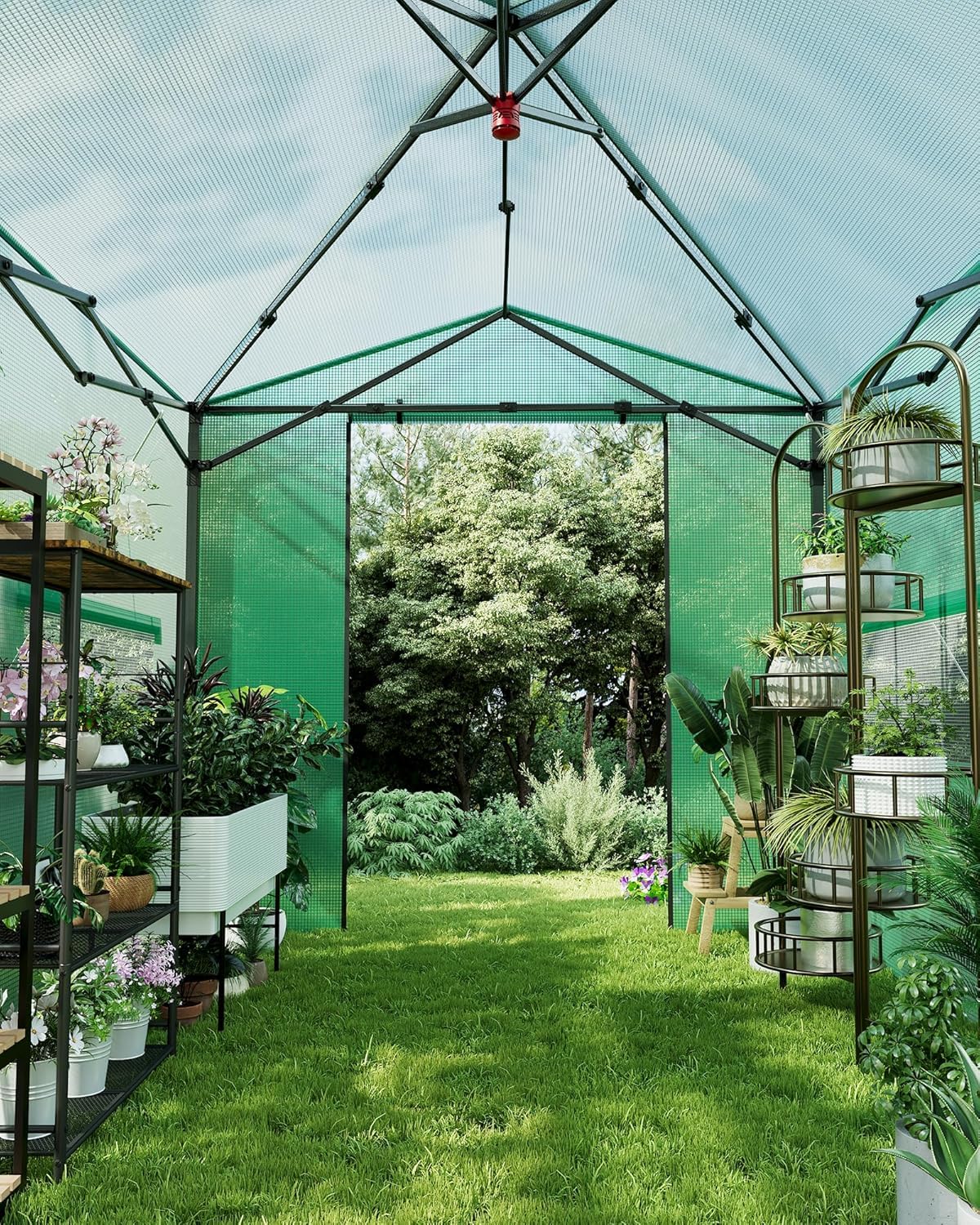 8x12FT Instant Pop-Up Walk-in Greenhouse, Plant Hot House with Galvanized Steel Frame, Green PE Cover, Roll-Up Zipper Door, Portable Large Plant Tent with Ground Pegs & Ropes for Stability