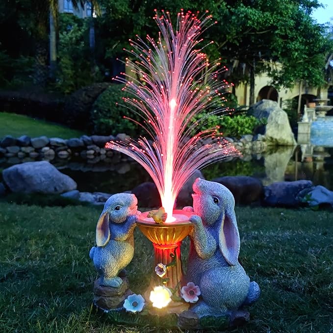 Solar Rabbit Garden Statues Outdoor Decor with LED Lights, Resin Rabbits Figurine Lights Decorations Colour Changing Fiber Optical Light, Outside Lawn Decor for Yard, Unique Housewarming Gift