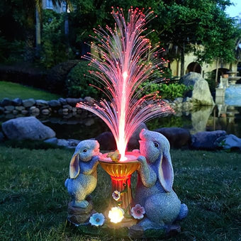 Solar Rabbit Garden Statues Outdoor Decor with LED Lights, Resin Rabbits Figurine Lights Decorations Colour Changing Fiber Optical Light, Outside Lawn Decor for Yard, Unique Housewarming Gift