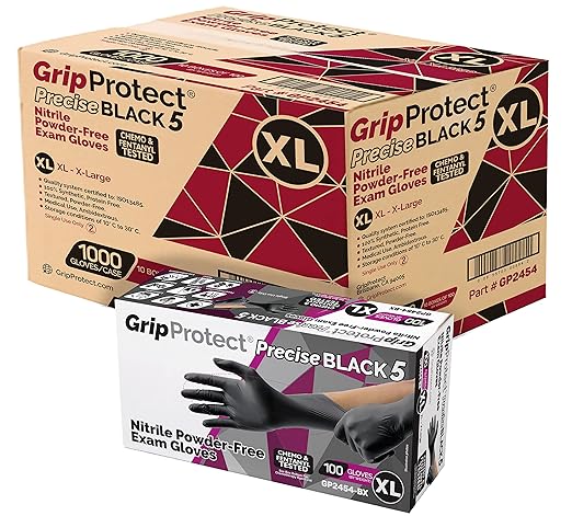 GripProtect Precise Black 5 Nitrile Exam Gloves | 5 Mil Thickness | Chemo-Rated | Medical, Law Enforcement, Tattoo, Dental, Janitorial, Food & Agriculture (XL, 100)