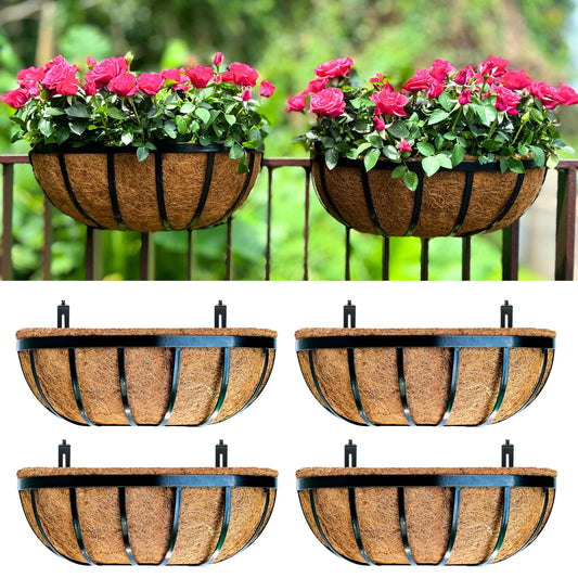 LaLaGreen Deck Railing Planter Boxes (16 Inch, 4 Pack) Black Metal Rectangular Hanging Planters with Coco Liner, Adjustable Flower Planter Box Brackets for Plants Fence Balcony Patio Porch Over Rail