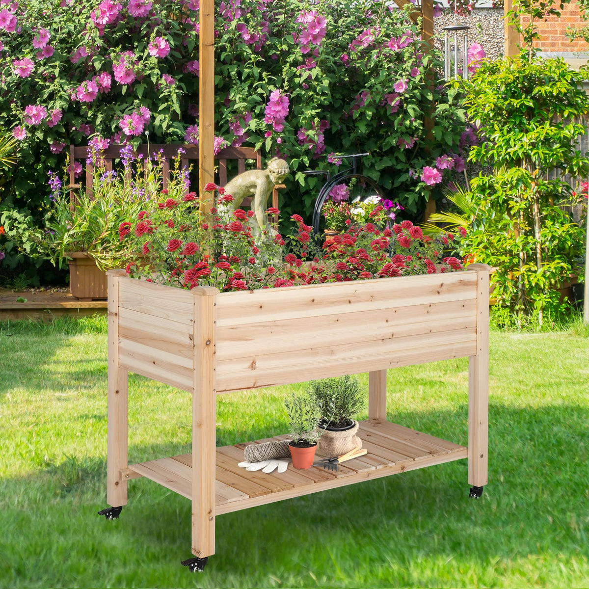 VINGLI 45.7"x22.4"x32.4" Elevated Raised Garden Bed Outdoor, Heavy Duty Wood Planter Box with Legs, Bed Liner Included, for Vegetables, Fruits, Sturdy Long Lasting Planter Box (Nuture - with Wheel)