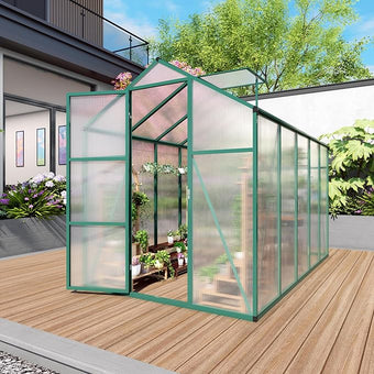 6x10 FT Greenhouse,Outdoor Greenhouse W/ Roof Vent,Walk-in Aluminum Polycarbonate Green Houses W/ Drainage System & Ground Nails,for Outside Garden,Backyard,Patio,Lawn,Green