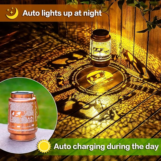 Cow Solar Lanterns Outdoor Waterproof Hanging Solar Lights Cow Gifts for Women Men Metal Decorative LED Cow Lanterns for Garden Decor,Yard,Patio,Lawn,Tabletop,Pathway,Landscape, Brown