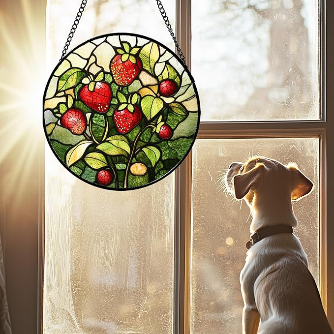HWRHTR Stained Glass Window Hanging - Red Strawberry Suncatcher for Doors Window Home Green Plant Sun Catchers Decor Christmas Mother's Day Birthday Gifts for Teacher Women Men Mom Nana 6.3 in