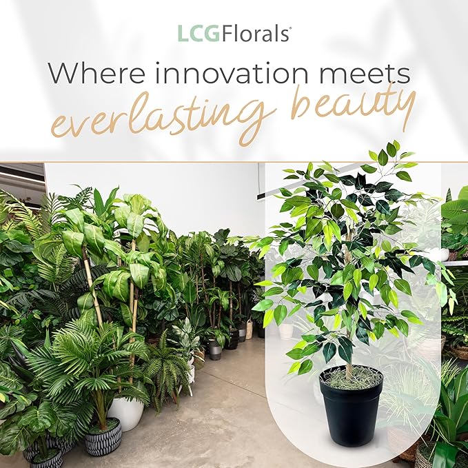 LCG Florals 4ft Ficus Tree in Black Pot with Real-Wood Trunk - Indoor and Outdoor Faux Plants for Patio, Living Rooms, Offices & Outdoor Spaces