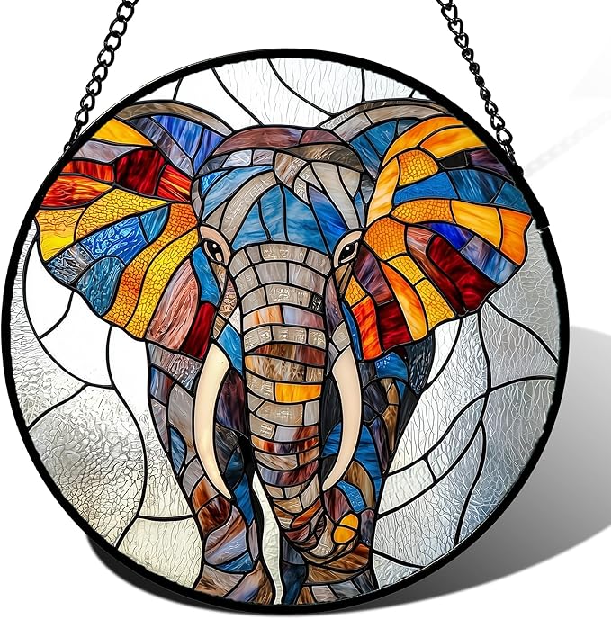 AMDERVEN Stained Glass Window Hanging, Colorful Elephant Sun Catcher for Door Home Decor Animal Suncatcher Christmas Mother's Day Birthday Gifts for Women Men Mom and Nana 15 in