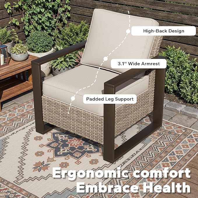 Joyside Outdoor Patio Chairs Set, 6 Pieces Wicker Rattan Chairs with Metal Wide Armrest, Thick Cushions and Deep Seating for Garden, Backyard, Porch, Deck