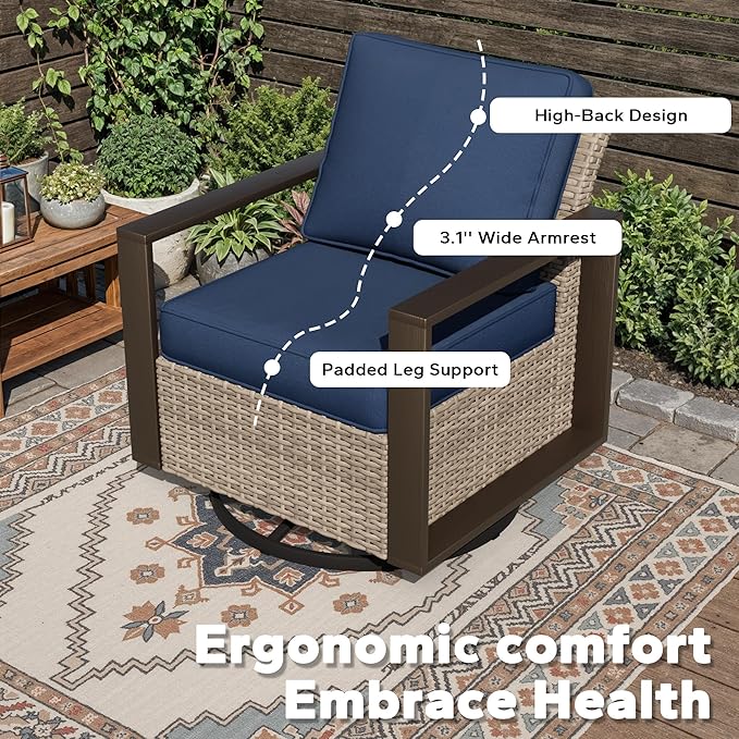 Outdoor Patio Swivel Rocker Chairs, 8 Pieces Wicker Furniture Set, 4 Swivel Rocking Chairs, 1 Sofa, 2 Ottoman and 1 Table, Wide Armrest, Thick Cushions and Deep Seating for Garden, Backyard, Porch