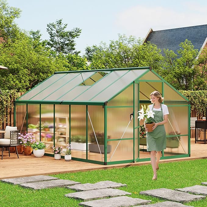 8X12 FT Outdoor Polycarbonate Greenhouse, Sturdy Aluminum Frame, Adjustable Roof Vent, Ideal for Backyard, Patio, or Garden, All-Weather Green House for Growing Plants and Vegetables