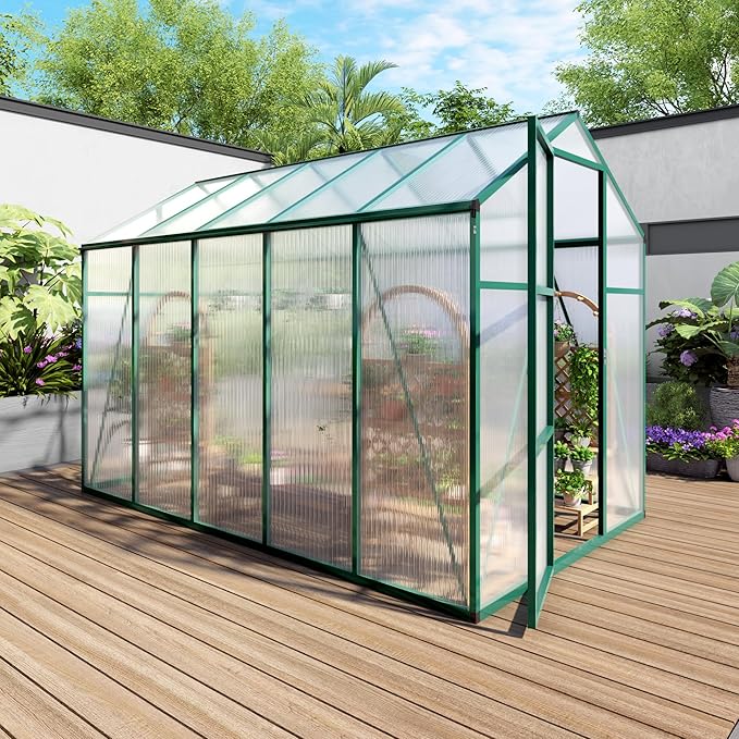 6x10 FT Greenhouse,Outdoor Greenhouse W/ Roof Vent,Walk-in Aluminum Polycarbonate Green Houses W/ Drainage System & Ground Nails,for Outside Garden,Backyard,Patio,Lawn,Green