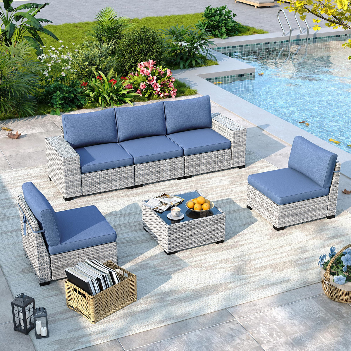 6 Piece Outdoor Wicker Patio Furniture Set Rattan Outdoor Sectional Sofa