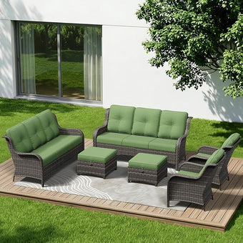 6 Piece Outdoor Wicker Patio Furniture Set, Patio Chairs Set with Thickened Olefin Cushions, High Back and Deep Seating, Hand-Woven PE Rattan, Ottoman for Porch, Deck