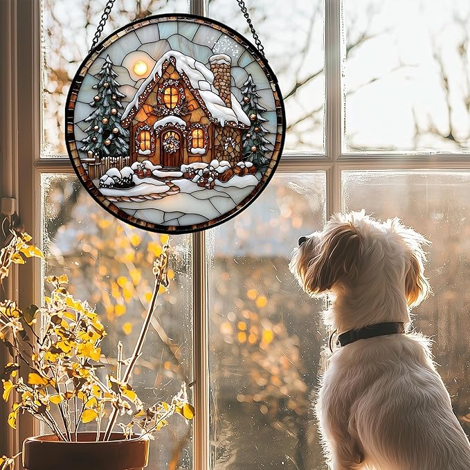 AMDERVEN Stained Glass Window Hanging - Christmas Tree Cottage Sun Catcher for Door Garden Home Winter Decor Snowy Night Suncatcher Mother's Day Birthday Gifts for Women Men Mom Nana 15 in