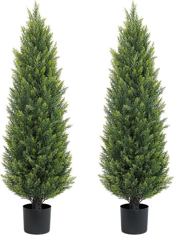 Two 4ft Artificial Topiary Tree Fake Bushes Potted Plants UV Resistant Faux Cedar Trees Artificial Outdoor Shrubs for Front Porch Garden