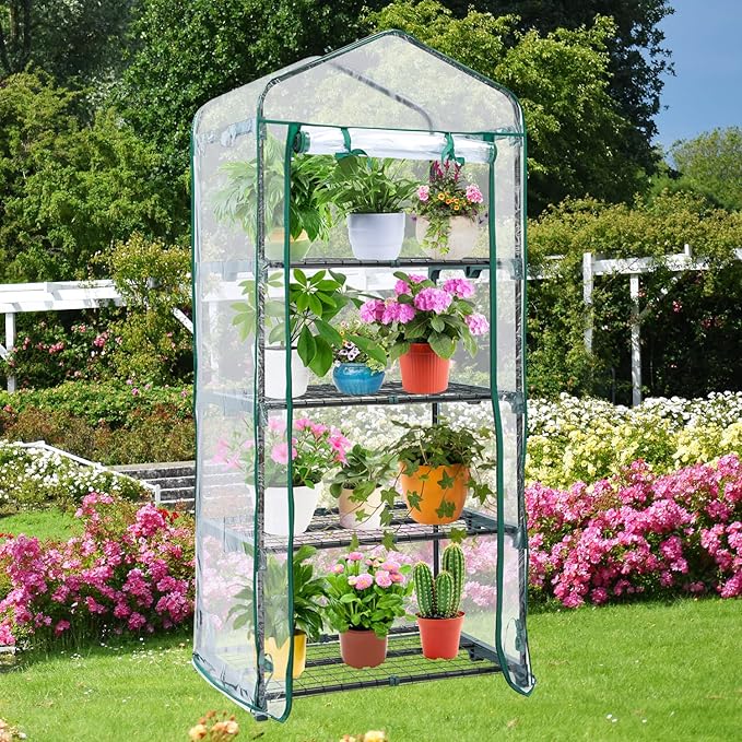 Mini Greenhouse for Outdoors Indoor: Ohuhu Small Green House with 4 Tier Shelves, Portable Plastic Greenhouses with Heavy Duty Transparent PVC Cover for Winter Garden Patio Backyard Porch Balcony