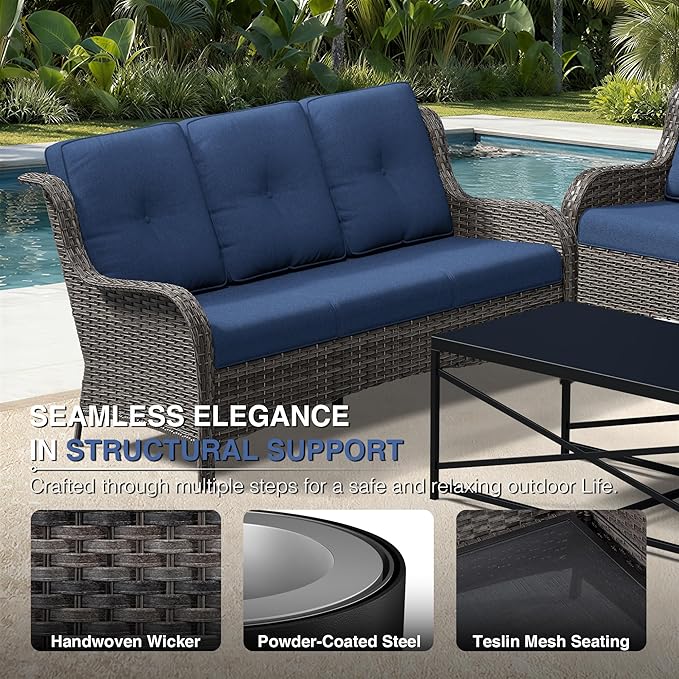 Joyside 8 Piece Wicker Patio Furniture Set, Rattan Patio Chairs with High Back, Deep Seating, Wide Armrest, Thickened Cushions, Outdoor Furniture for Deck, Porch Use