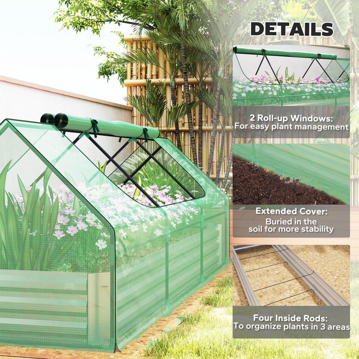 Outsunny 8.6 x 3 x 1ft Metal Planter Box with Mini Greenhouse, Green/Silver