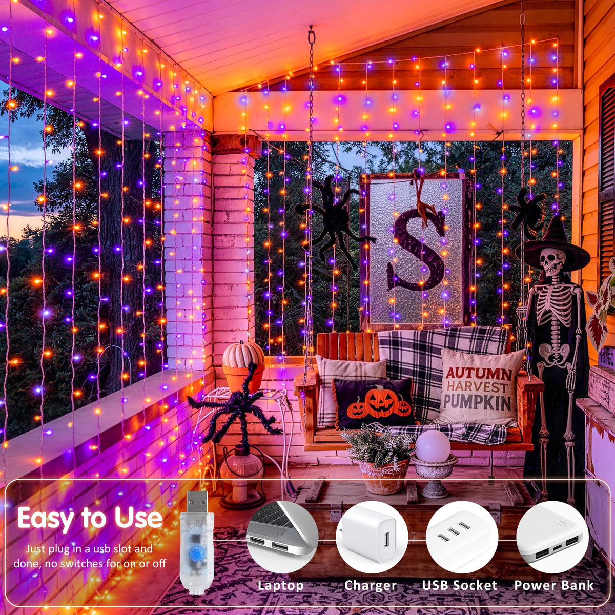 JMEXSUSS 200 LED USB Plug in Orange and Purple Halloween Lights