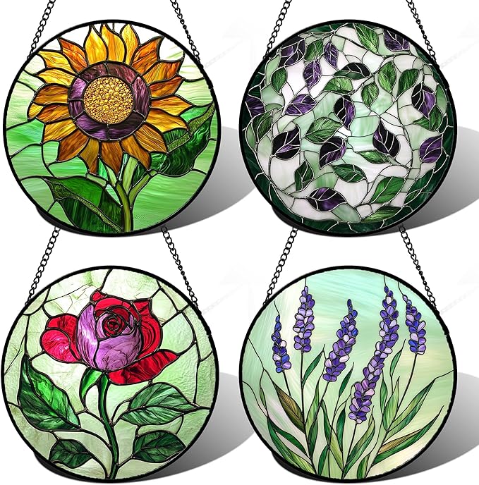 AMDERVEN Stained Glass Window Hanging 4 Pcs Set Red Roses Yellow Sunflowers Large 15" - Flower Suncatcher Door Garden Sun Catcher Decor Birthday Mother's Day for Mom Woman Nana Girl