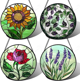 AMDERVEN Stained Glass Window Hanging 4 Pcs Set Red Roses Yellow Sunflowers Large 15" - Flower Suncatcher Door Garden Sun Catcher Decor Birthday Mother's Day for Mom Woman Nana Girl