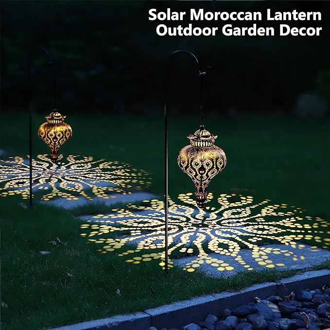 Moroccan Solar Lanterns Outdoor Waterproof Bronze Hanging Lanterns Outdoor Ramadan Garden Decor Gardening Gifts for Women Mom Grandma Solar Lights for Patio, Pathway, Yard, Porch, Backyard.