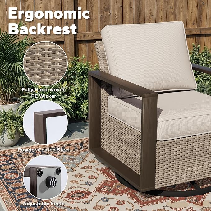 Outdoor Patio Swivel Rocker Chairs, 6 Pieces Wicker Furniture Set, 2 Swivel Rocking Chairs, 2 Sofa and 2 Ottoman, Metal Wide Armrest, Thick Cushions and Deep Seating for Garden, Backyard, Porch, Deck
