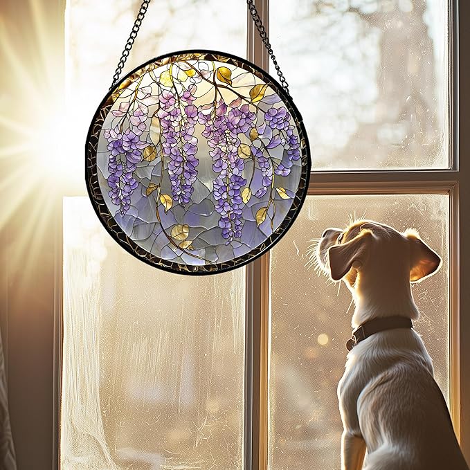 AMDERVEN Stained Glass Window Hanging - Wisteria Flower Golden Leaves Sun Catcher for Door Home Decor Plant Suncatcher Christmas Mother's Day Birthday Gifts for Women Men Lovers Mom Nana 11.8 in