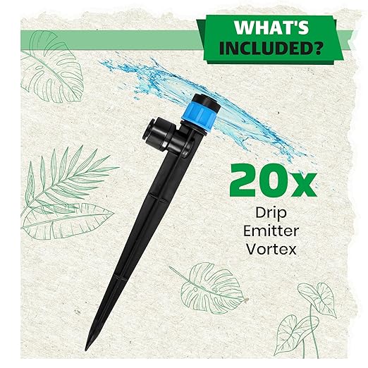 Bonviee 20-Pack Drip Irrigation Emitters, 1/4" Push-to-Connect Irrigation Stakes – Adjustable 360° Water Saving Garden Sprinklers for Potted Plants, Lawn, Vegetable Beds